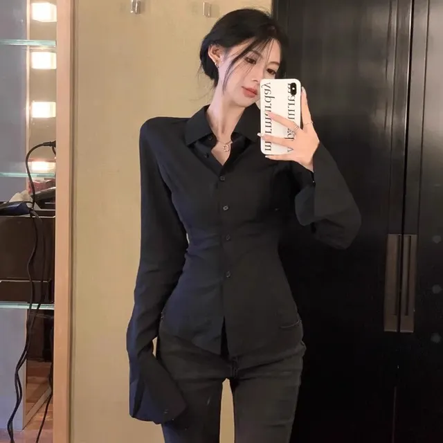 Niche White Long sleeved Shirt With Inner Design Black - Shop at LoveMi