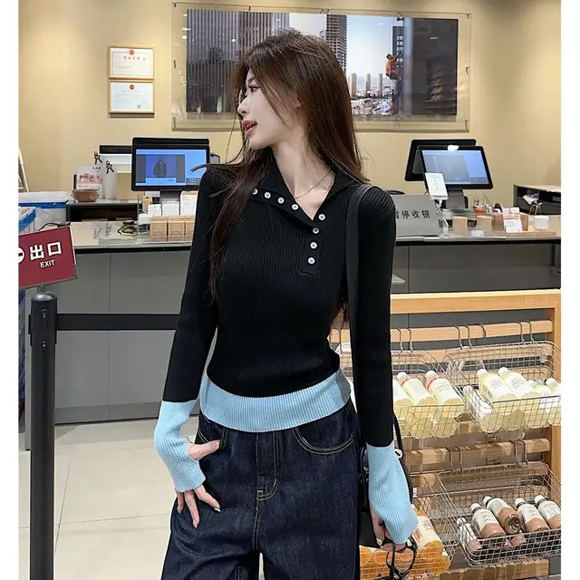 Women's Irregular Lapel Button Knitted Sweater Black - Shop at LoveMi