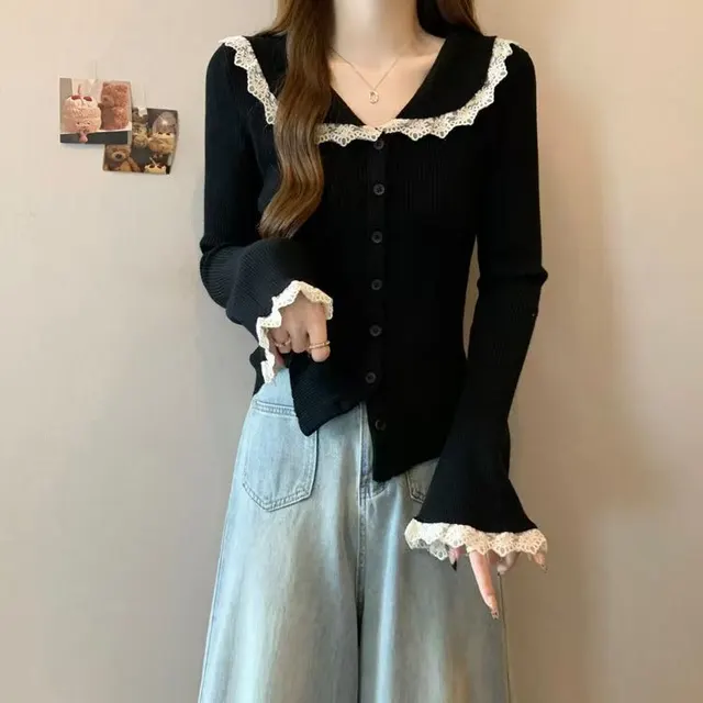 French Style Lace Peter Pan Collar Black Cardigan For Women Black - Shop at LoveMi