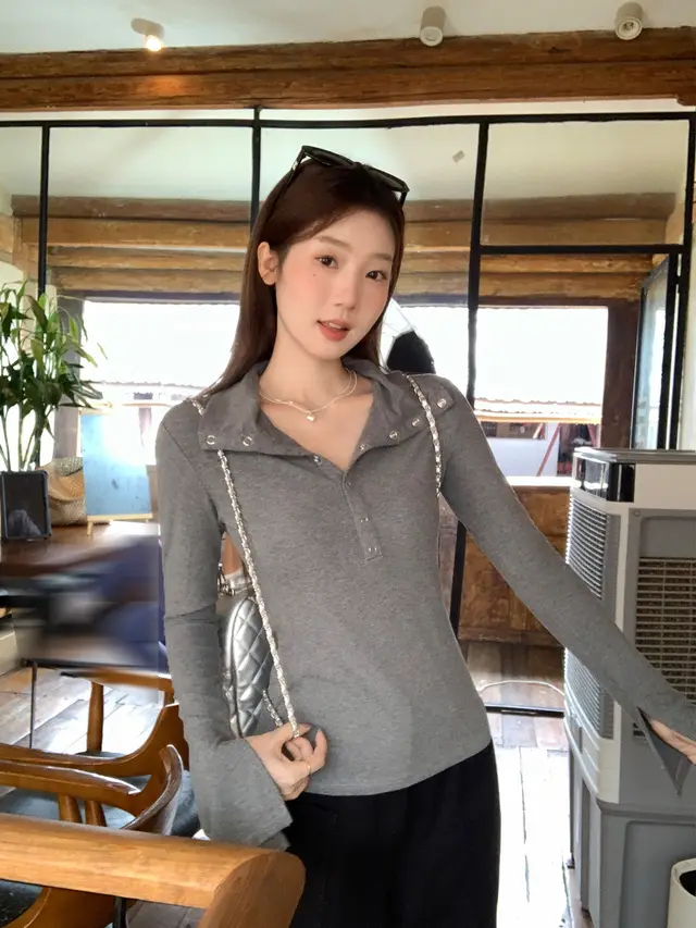 Flower Gray Lapel Design Button Knitted Long Sleeve Flower Gray - Shop at LoveMi