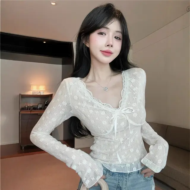 Hollyii French Style All matching Design Sense Niche Lace Up Lace Top Bottoming Shirt White - Shop at LoveMi