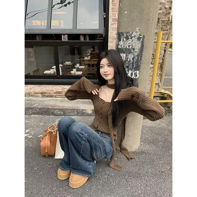 Square Collar All matching Base Inner Wear Sweater Top Brown - Shop at LoveMi