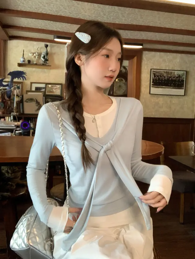 Stitching Contrast Colors False two piece Lace up Shoulder Long sleeved T shirt Blue - Shop at LoveMi