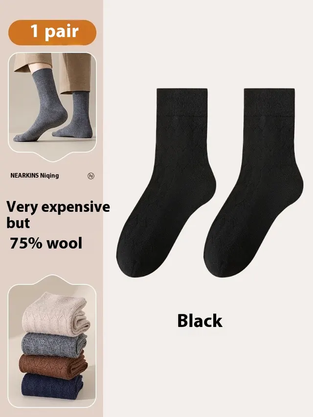 Pure Wool Socks Fallwinter Mid calf Length Thermal Fleece lined Black - Shop at LoveMi