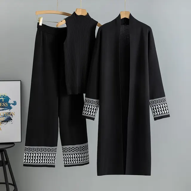 East Elegant Graceful Cardigan Robe Knitted Wide Leg Pants Three piece Set Black - Shop at LoveMi