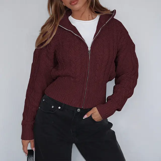 Simple Long Sleeve Solid Color Woolen Wine Red - Shop at LoveMi