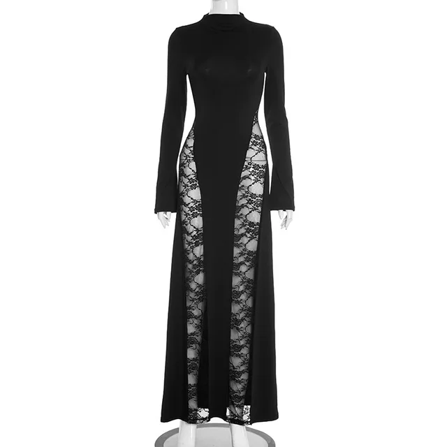 Lace Stitching Sexy Sheath Long Sleeve Dress Black - Shop at LoveMi