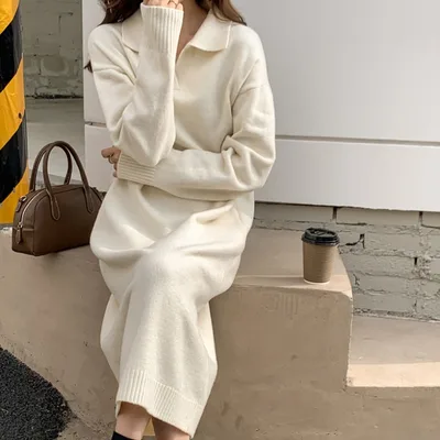 Idle Style Loose Thick Sweater Knitted Dress Apricot Beige - Shop at LoveMi
