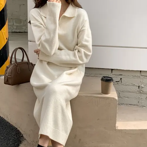 Idle Style Loose Thick Sweater Knitted Dress Apricot - Shop at LoveMi