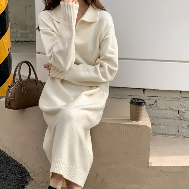 Idle Style Loose Thick Sweater Knitted Dress Apricot Beige - Shop at LoveMi