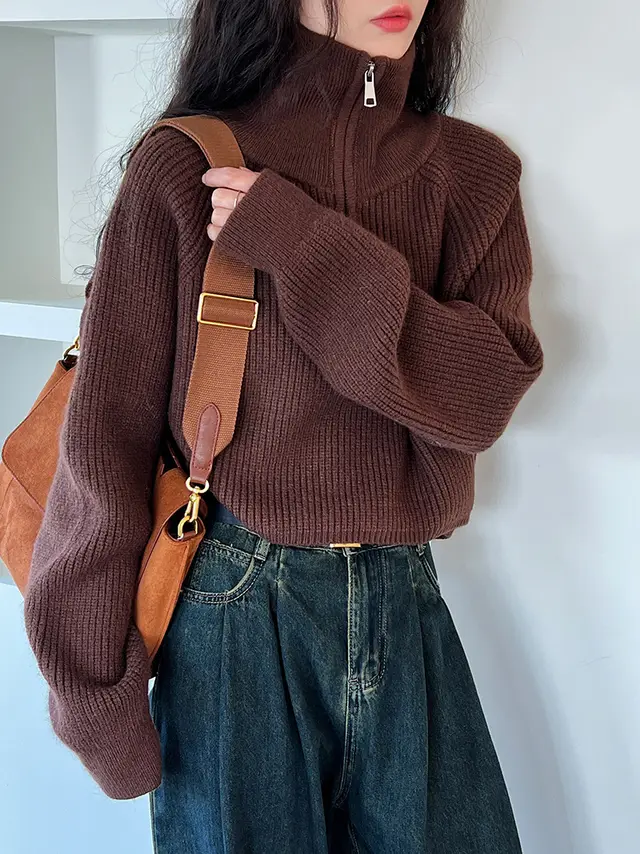 Solid Color Stand Collar Half Zip Design Hem Brown - Shop at LoveMi