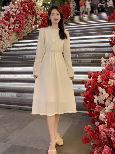 Long Sleeve French Style Temperament Dress Apricot Beige - Shop at LoveMi