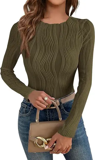 Casual Texture Round Neck Long Sleeve Slim Women's T-shirt - Army Green