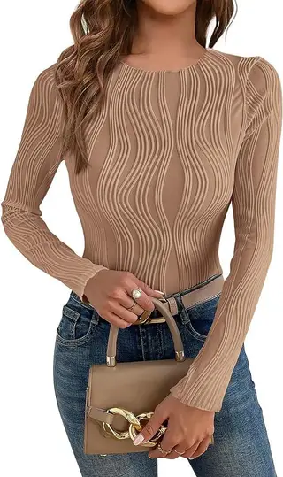 Casual Texture Round Neck Long Sleeve Slim Women's T-shirt - Khaki