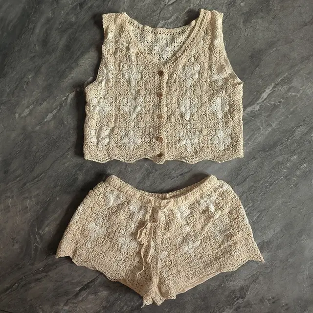 Bohemian New Fashion Hollowed out Crochet Knitting Suit Apricot - Shop at LoveMi