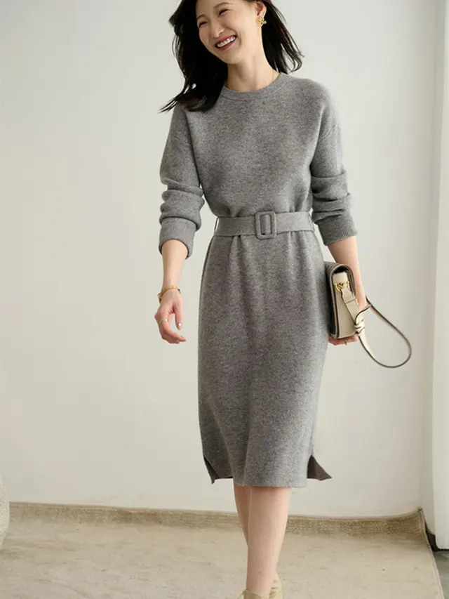 Autumn And Winter Mid length Sweater Skirt Match With Coat Inner Leisure Loose Dress Gray Grey - Shop at LoveMi