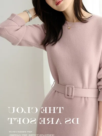 Autumn And Winter Mid length Sweater Skirt Match With Coat Inner Leisure Loose Dress Pink - Shop at LoveMi