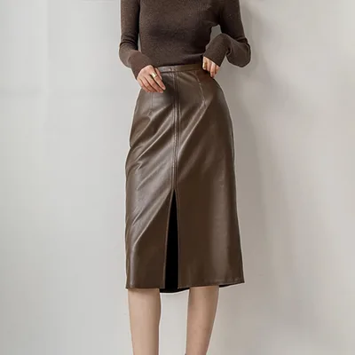 Front Slit Leather Skirt Women's Winter Skirt New Brown - Shop at LoveMi