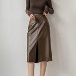 Front Slit Leather Skirt Women's Winter Skirt New - Brown