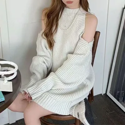 High end Mock Neck Sweater Dress Women's Season Loose White - Shop at LoveMi