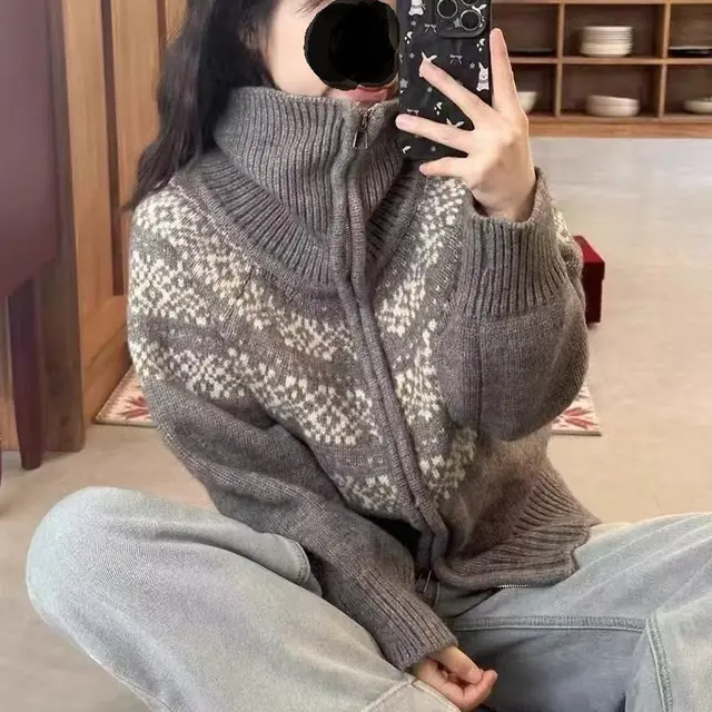 Casual Retro Lapel Double Zipper Knitted Cardigan Gray - Shop at LoveMi