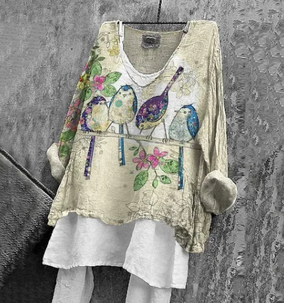 Women's Vintage Birds And Floral Pattern Comfortable Shirt Yellow - Shop at LoveMi