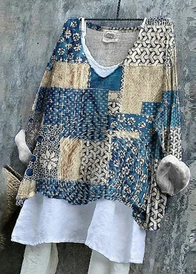 Blue Floral Patchwork Japanese Art Linen Blend Tunic Blue - Shop at LoveMi