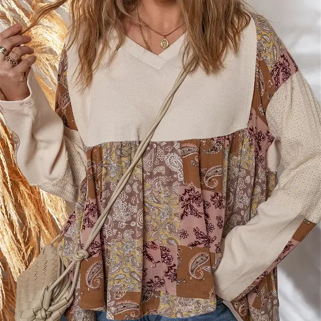 Beige Paisley Ethnic Print Contrast Patchwork Long Sleeve Loose Top Beige - Shop at LoveMi