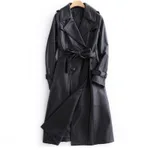 Black Long Tie Double Breasted Leather Wind Coat - Black