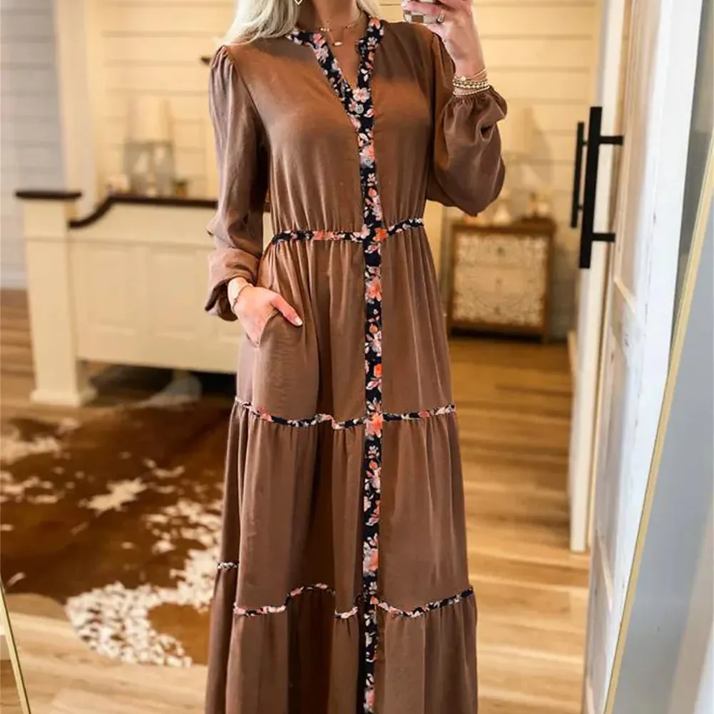 Chestnut Floral Patchwork Detail Notched Neck Long Sleeve Maxi Dress Chestnut - Shop at LoveMi