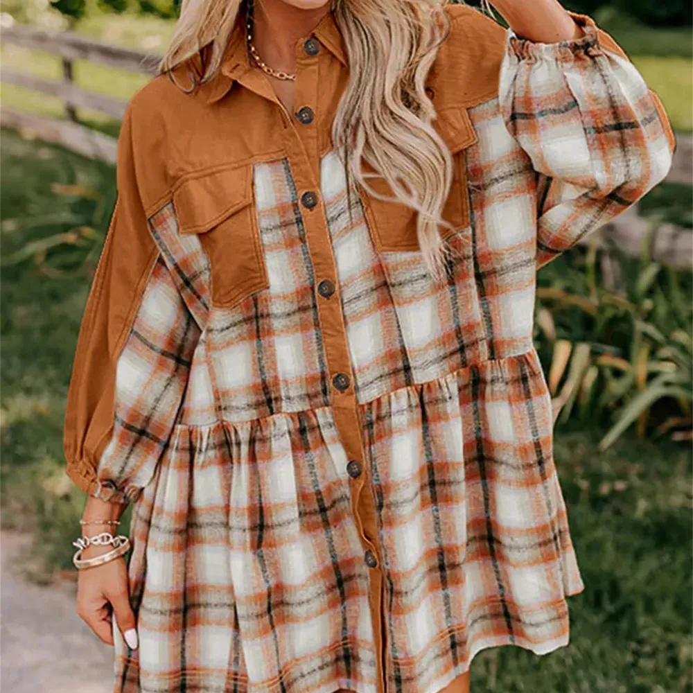 Khaki Plaid Color Block Patchwork Ruffle Hem Tunic Shirt Dress Khaki - Shop at LoveMi