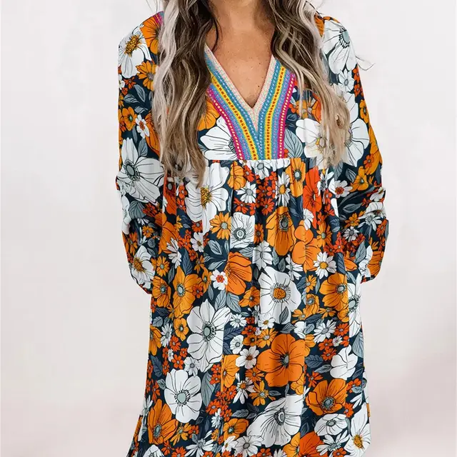 Orange Floral Print Striped Lace V Neck Long Sleeve Mini Dress Orange - Shop at LoveMi