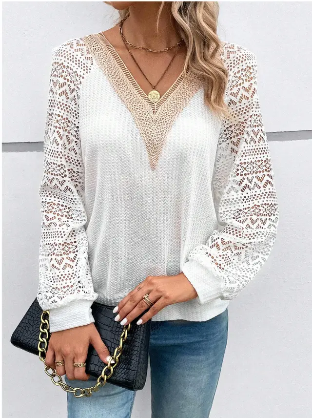 V neck Stitching Hollow Out Lace See through Casual T shirt White - Shop at LoveMi