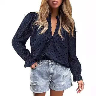 Women's Autumn Top Fashion Horn Long Sleeve Casual - Dark Blue