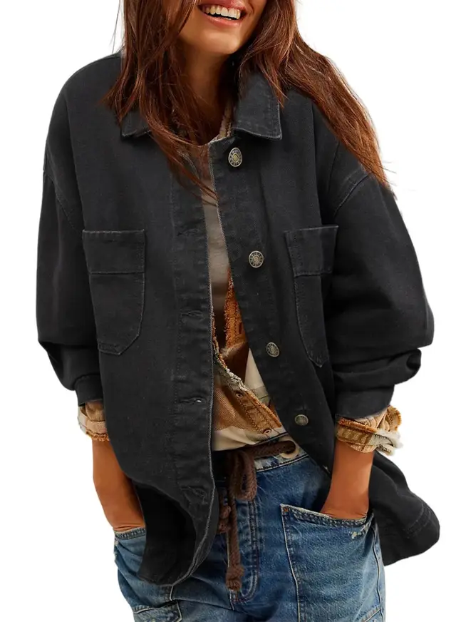 Women's Denim Jacket Large Pocket Button Long Sleeve Split Denim Black - Shop at LoveMi