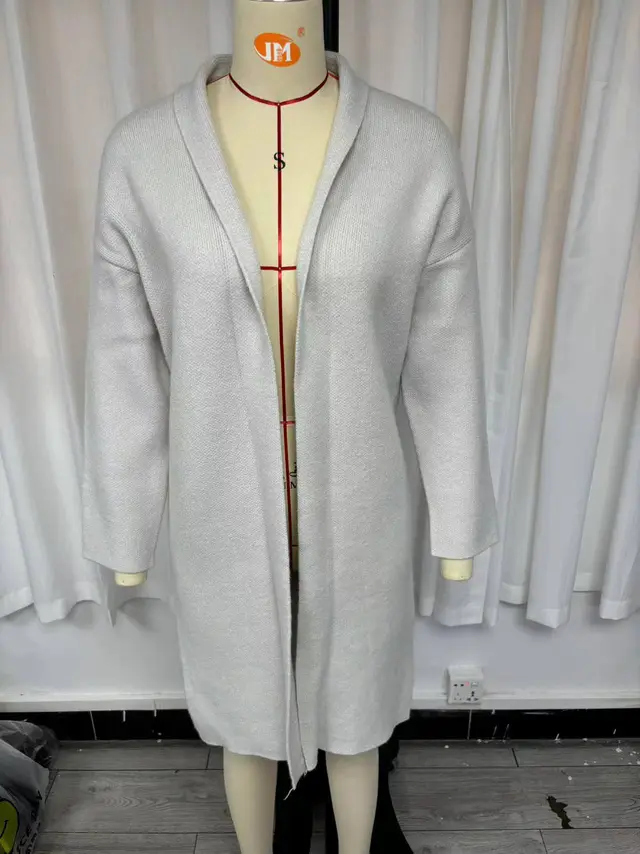 Elegant Long Collarless Cardigan Sweater Women's Coat Light Gray - Shop at LoveMi