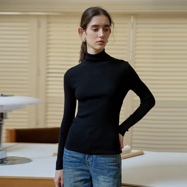 Slim Fit Slimming Long Sleeves Knitwear Solid Color Top Black - Shop at LoveMi