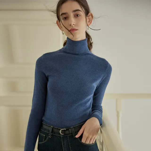Slim Fit Slimming Long Sleeves Knitwear Solid Color Top Denim Blue - Shop at LoveMi