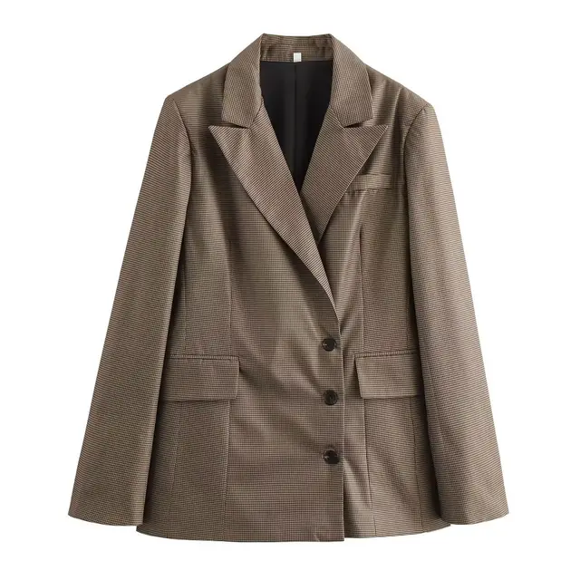 Female Loose And Casual Khaki Plaid Mid length Suit Coat Khaki Grid - Shop at LoveMi