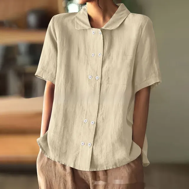 Graceful And Fashionable Solid Color Loose Double Breasted Lapel Shirt Thin Apricot - Shop at LoveMi