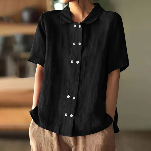Graceful And Fashionable Solid Color Loose Double Breasted Lapel Shirt Thin Black - Shop at LoveMi