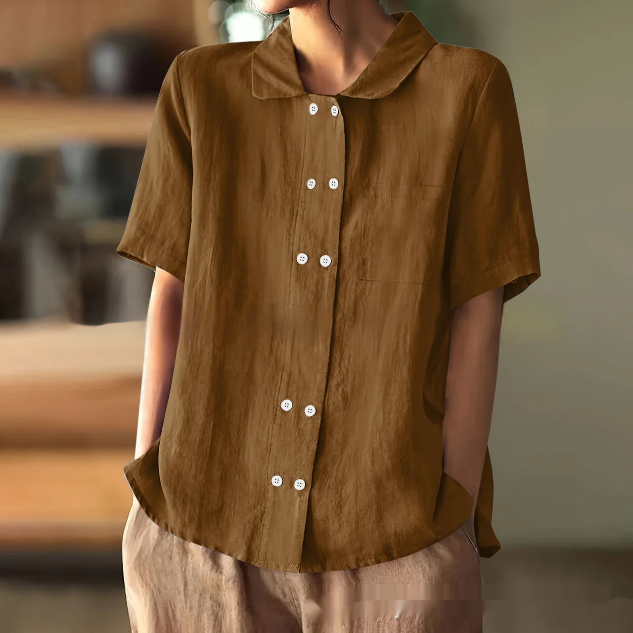 Graceful And Fashionable Solid Color Loose Double Breasted Lapel Shirt Thin - Dark Brown
