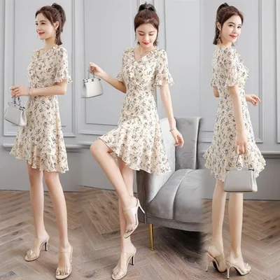 Chiffon Floral Women's Mid length Temperament Youthful looking Slimming Dress Apricot - Shop at LoveMi