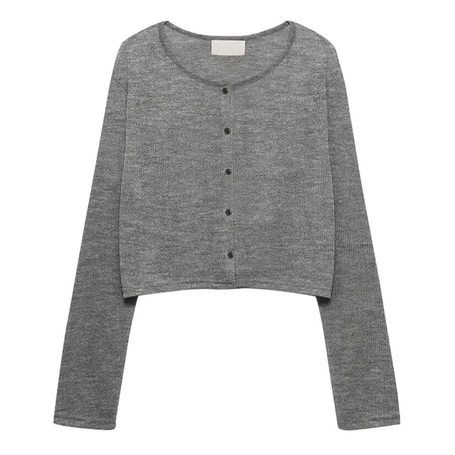 Wool Round Neck Korean Style Long Sleeve Top Flower Gray - Shop at LoveMi