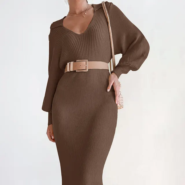 Elegant Commuter Sweater V neck Lace up High Waist Women's Dress Coffee Brown - Shop at LoveMi