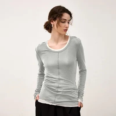 Round Neck Knitted Inner Match Warm Slimming Long Sleeve Top Light Gray - Shop at LoveMi