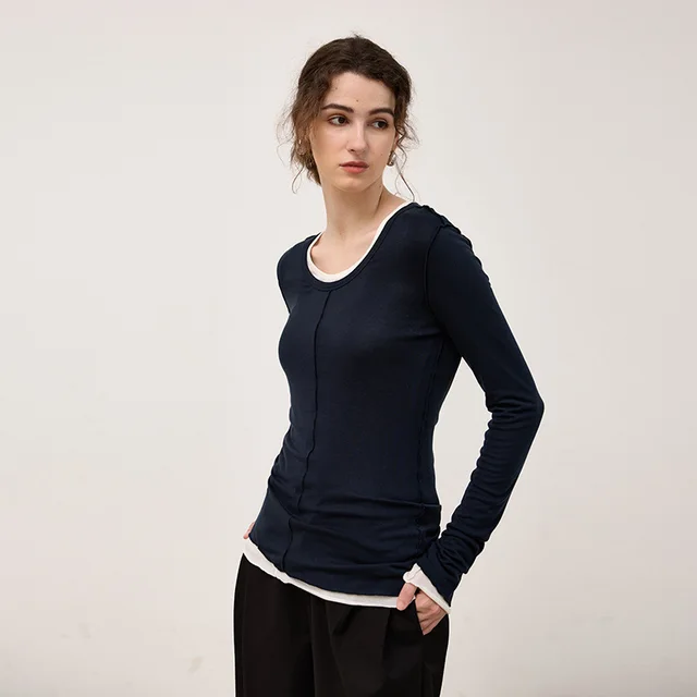 Round Neck Knitted Inner Match Warm Slimming Long Sleeve Top Navy Blue - Shop at LoveMi