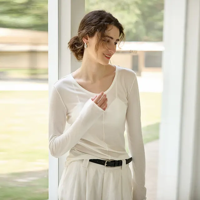 Round Neck Knitted Inner Match Warm Slimming Long Sleeve Top White - Shop at LoveMi