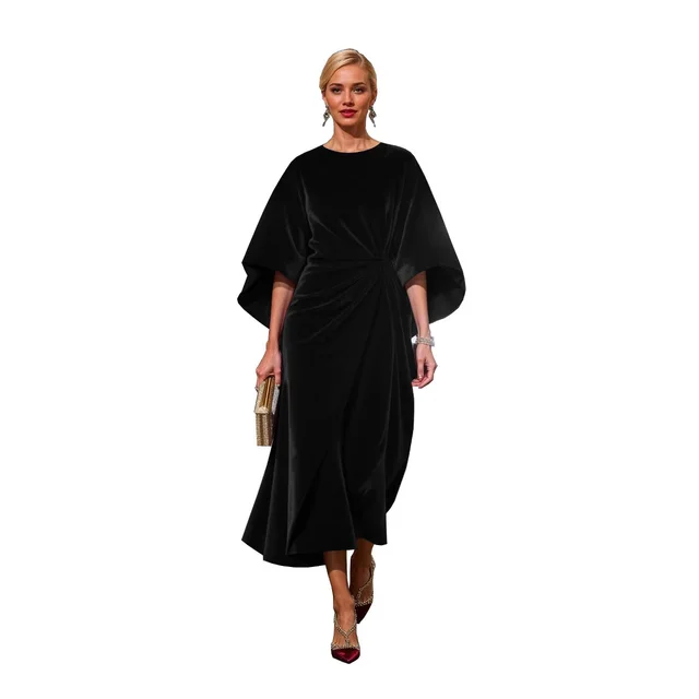 Women's Fashion Elegant Gold Velvet Waist tight Batwing Sleeve Dress Black - Shop at LoveMi