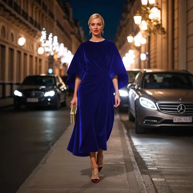 Women's Fashion Elegant Gold Velvet Waist tight Batwing Sleeve Dress Blue - Shop at LoveMi